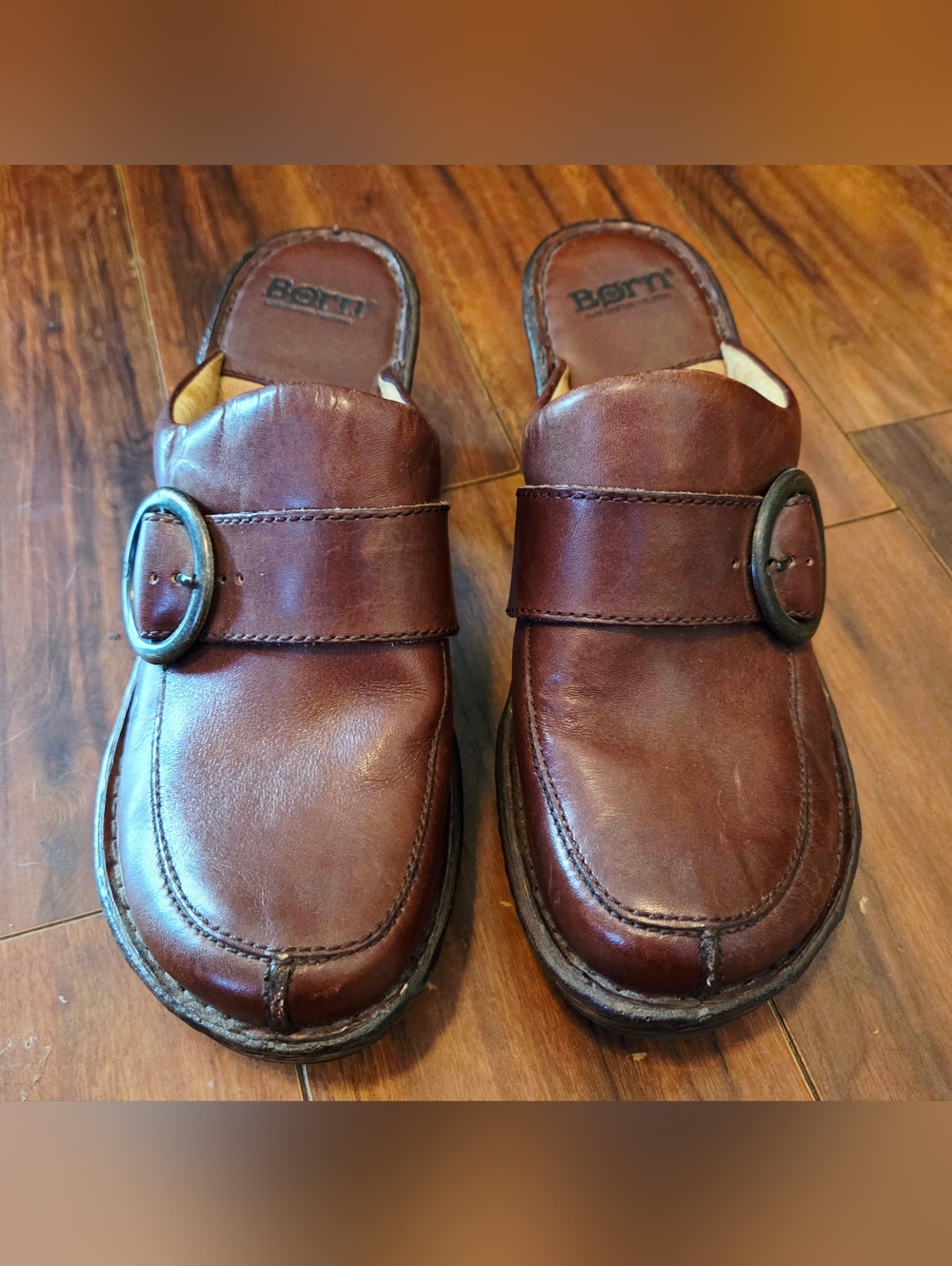 EUC Women's Born Brown Leather Slip-On Mules with Round Buckle